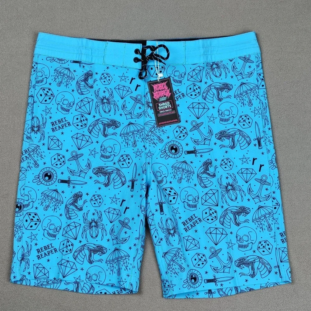 NEW Board Shorts Surf Swim Trunks Men XL Blue Tattoo‎ Biker Pockets Fast Drying